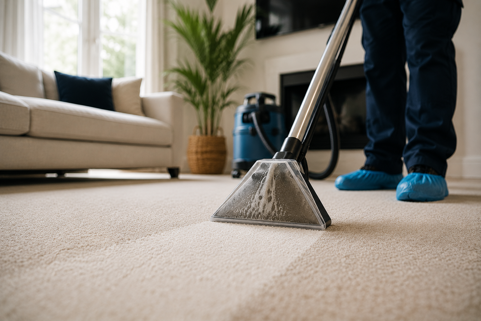 Technician using hot-water extraction to deep clean a living room carpet